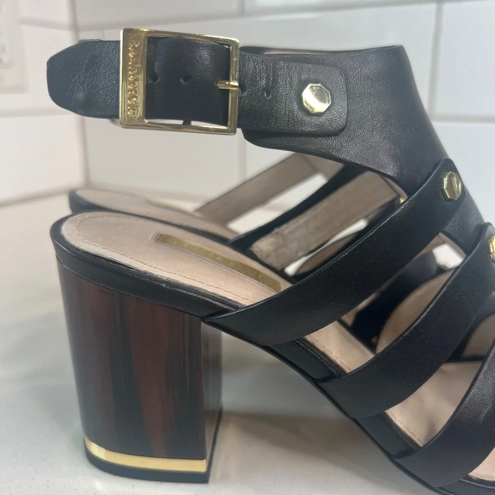 Louise et Cie Lo-Vira black leather sandals, tortoise color block heel - Picture 13 of 15